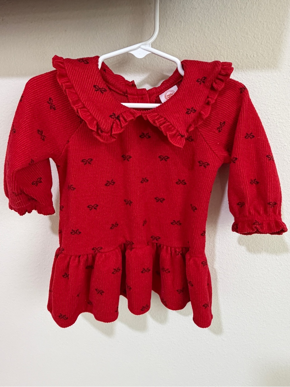 wonder nation Red Knit Peplum Top with Black Bow Motif